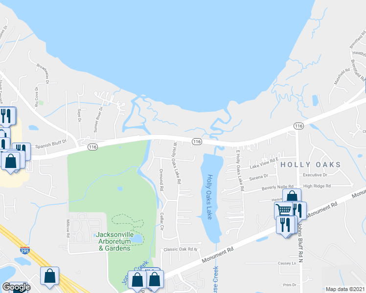 map of restaurants, bars, coffee shops, grocery stores, and more near 10226 Fort Caroline Road in Jacksonville