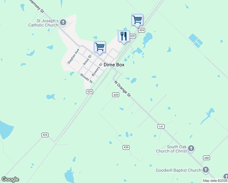 map of restaurants, bars, coffee shops, grocery stores, and more near 7987 Farm to Market Road 141 in Dime Box