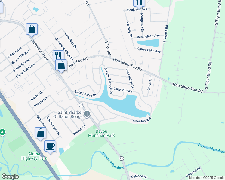 map of restaurants, bars, coffee shops, grocery stores, and more near 18573 Lake Iris Avenue in Baton Rouge