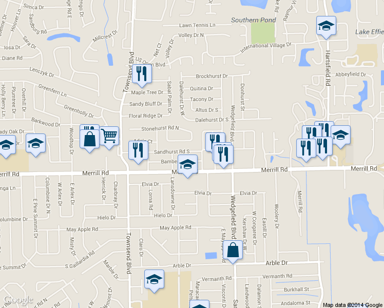 map of restaurants, bars, coffee shops, grocery stores, and more near 7450 Sandhurst Road South in Jacksonville
