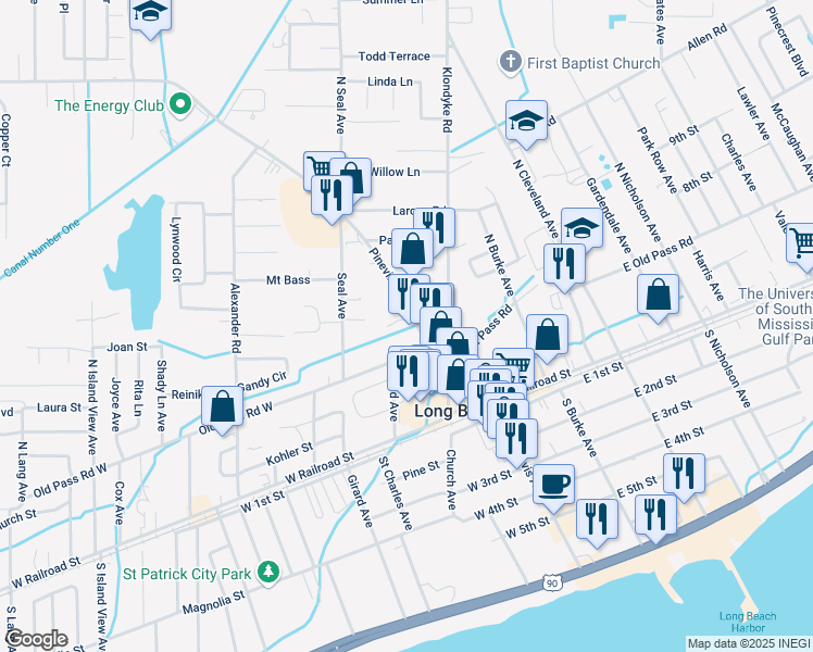 map of restaurants, bars, coffee shops, grocery stores, and more near 19023 Pineville Road in Long Beach