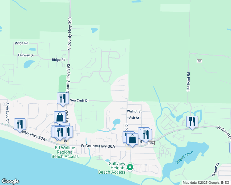 map of restaurants, bars, coffee shops, grocery stores, and more near 265 Tropical Breeze Drive in Santa Rosa Beach