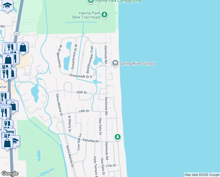 map of restaurants, bars, coffee shops, grocery stores, and more near 2233 Seminole Road in Atlantic Beach