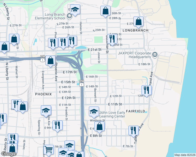 map of restaurants, bars, coffee shops, grocery stores, and more near 1503 East 16th Street in Jacksonville