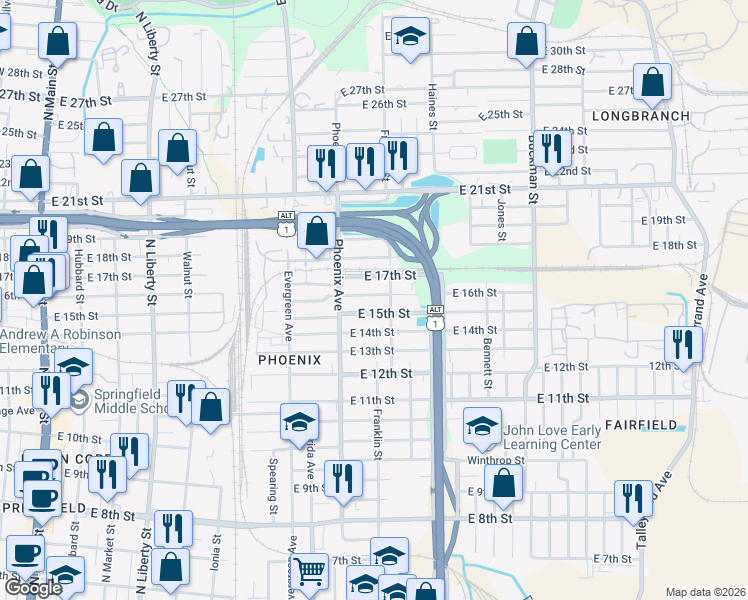 map of restaurants, bars, coffee shops, grocery stores, and more near 1185 East 16th Street in Jacksonville