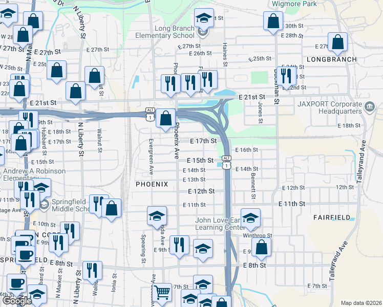 map of restaurants, bars, coffee shops, grocery stores, and more near 1124 East 17th Street in Jacksonville