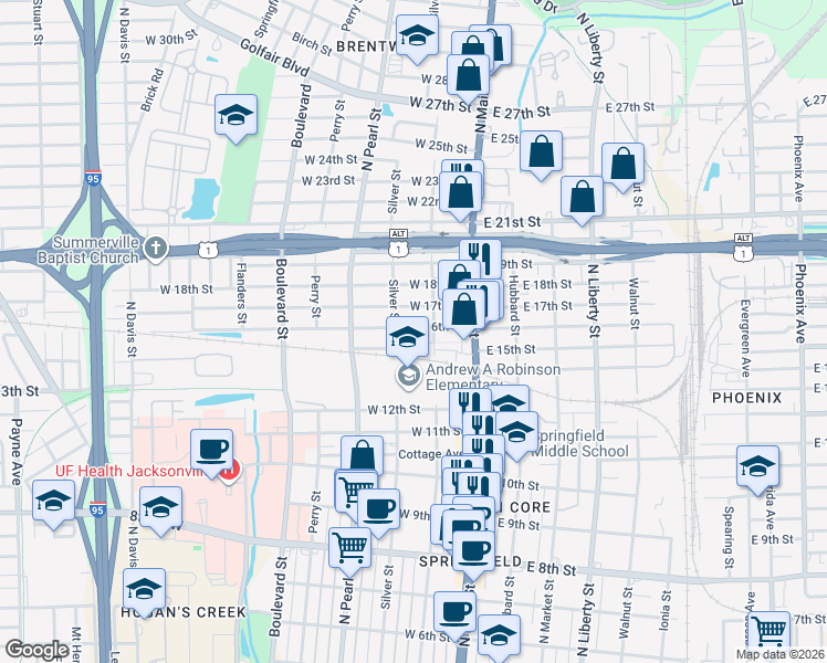 map of restaurants, bars, coffee shops, grocery stores, and more near 102 West 17th Street in Jacksonville