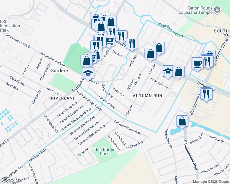 map of restaurants, bars, coffee shops, grocery stores, and more near 1635 Jade Avenue in Baton Rouge