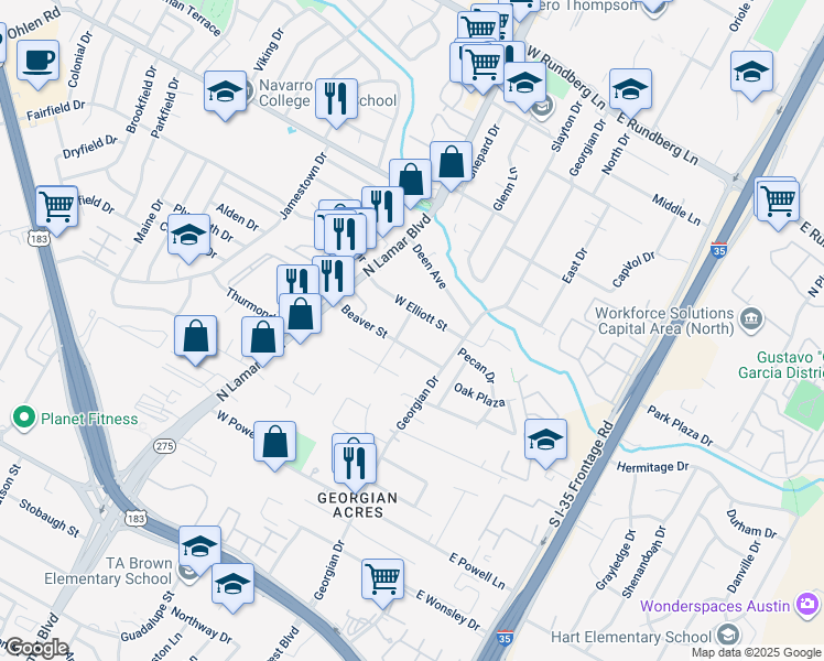 map of restaurants, bars, coffee shops, grocery stores, and more near 215b West Elliott Street in Austin