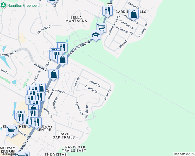 map of restaurants, bars, coffee shops, grocery stores, and more near 15200 Barrie Drive in Austin