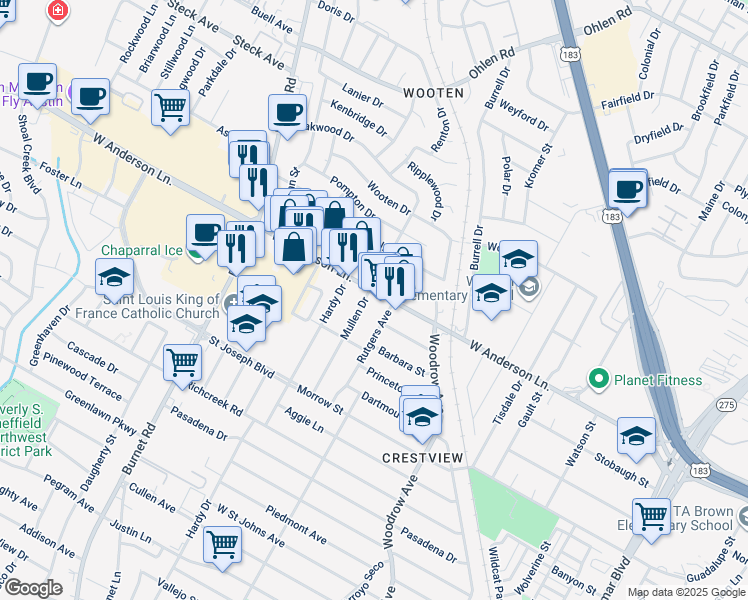 map of restaurants, bars, coffee shops, grocery stores, and more near 1901 West Anderson Lane in Austin