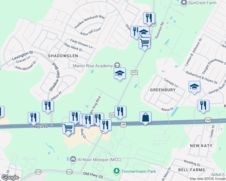 map of restaurants, bars, coffee shops, grocery stores, and more near 13220 Farm to Market Road 973 in Manor