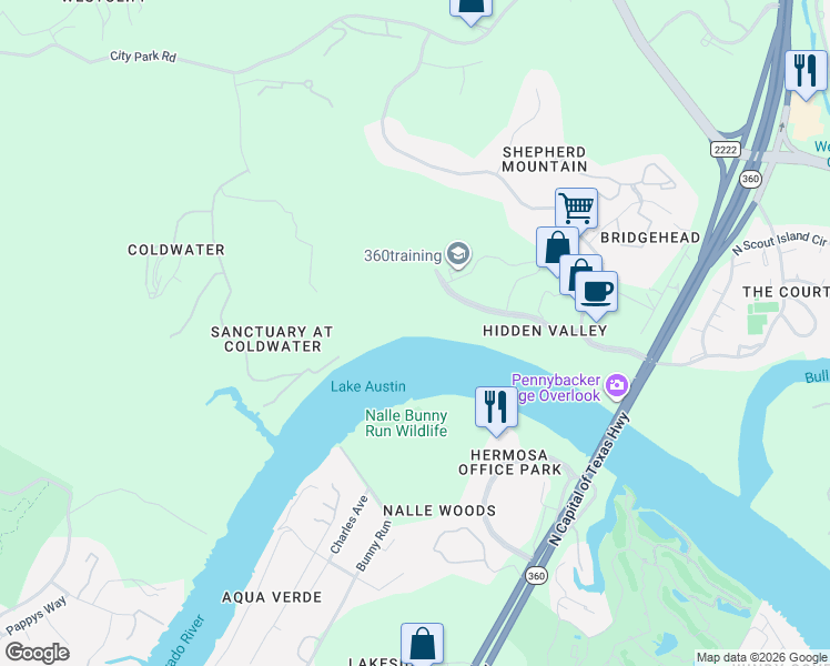 map of restaurants, bars, coffee shops, grocery stores, and more near 6401 Bridge Point Parkway in Austin