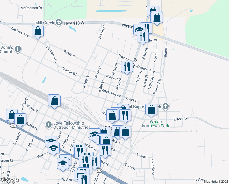 map of restaurants, bars, coffee shops, grocery stores, and more near 665 North 6th Street in Silsbee