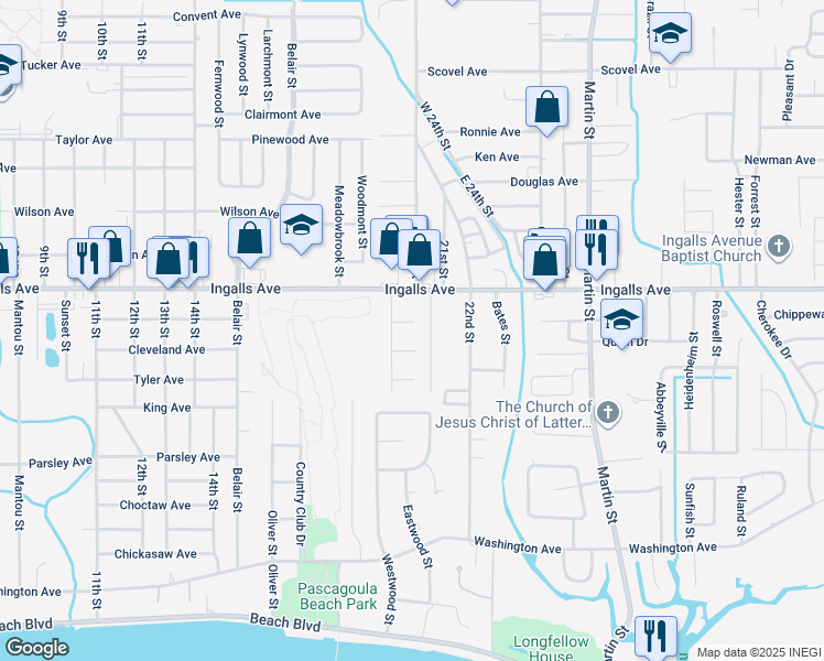 map of restaurants, bars, coffee shops, grocery stores, and more near 1802 Singing River Street in Pascagoula