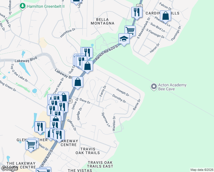 map of restaurants, bars, coffee shops, grocery stores, and more near 15307 Joseph Drive in Lakeway