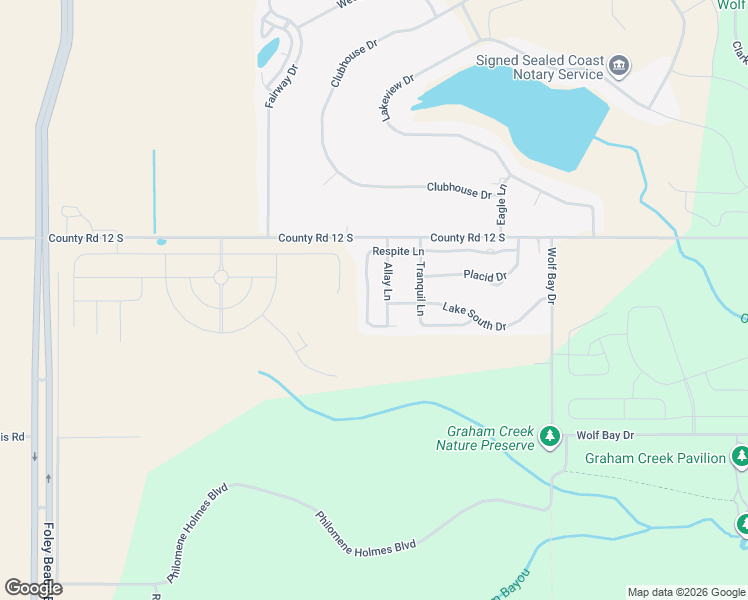 map of restaurants, bars, coffee shops, grocery stores, and more near 22505 Respite Lane in Foley