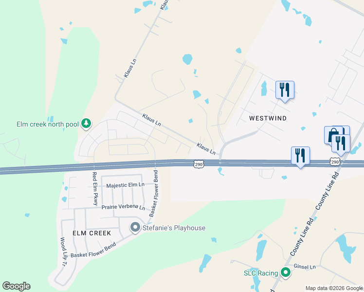 map of restaurants, bars, coffee shops, grocery stores, and more near 13340-13574 Klaus Lane in Elgin