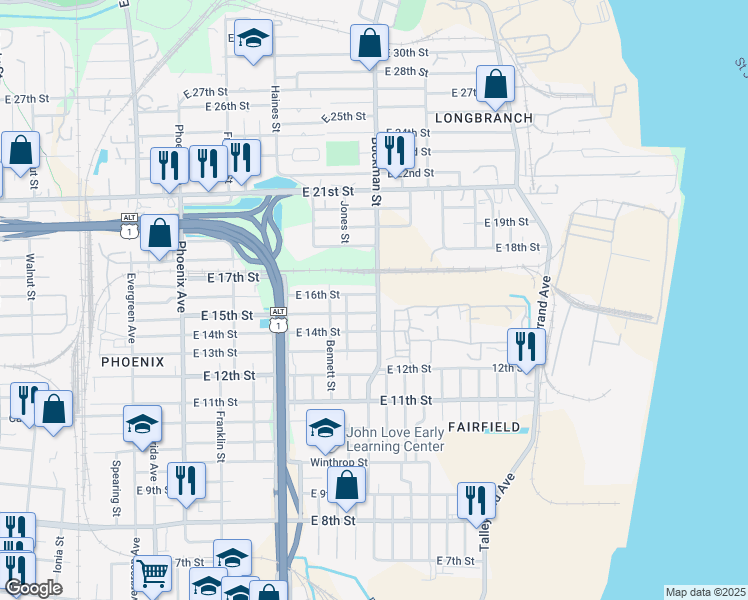 map of restaurants, bars, coffee shops, grocery stores, and more near 1641 East 16th Street in Jacksonville