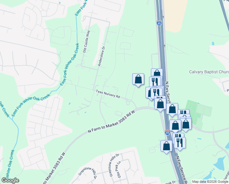 map of restaurants, bars, coffee shops, grocery stores, and more near 3412 Teas Nursery Road in Conroe