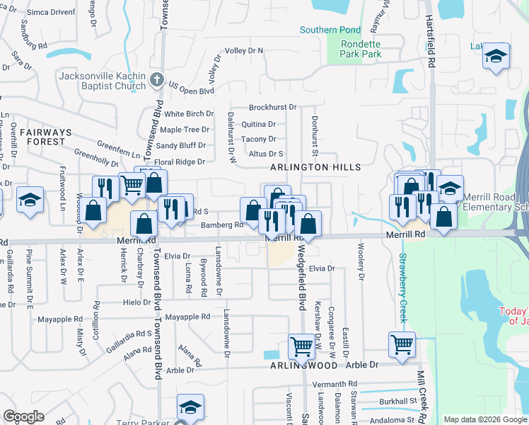 map of restaurants, bars, coffee shops, grocery stores, and more near 7522 Sandhurst Road South in Jacksonville