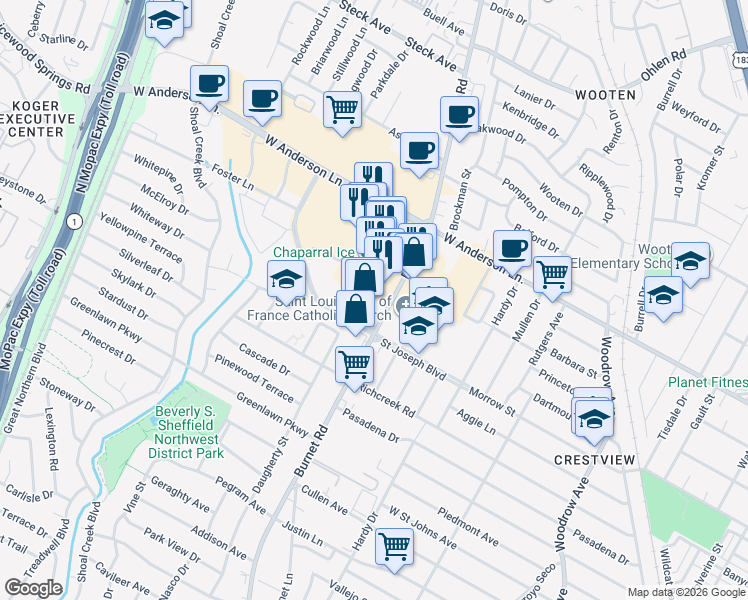 map of restaurants, bars, coffee shops, grocery stores, and more near 7600 Burnet Road in Austin