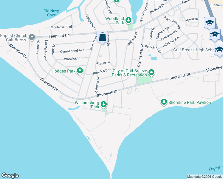 map of restaurants, bars, coffee shops, grocery stores, and more near 412 Shoreline Drive in Gulf Breeze