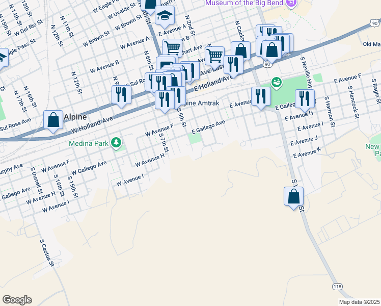 map of restaurants, bars, coffee shops, grocery stores, and more near 501 South 5th Street in Alpine