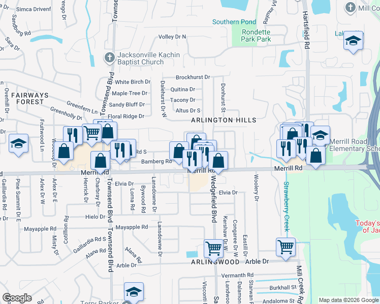 map of restaurants, bars, coffee shops, grocery stores, and more near 2914 Wycombe Drive West in Jacksonville