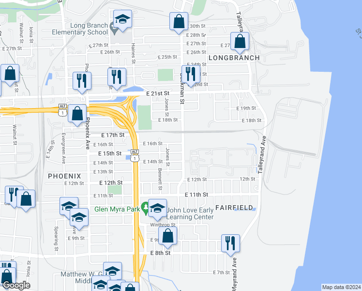 map of restaurants, bars, coffee shops, grocery stores, and more near 1641 East 16th Street in Jacksonville
