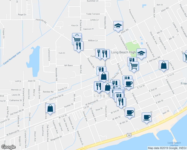 map of restaurants, bars, coffee shops, grocery stores, and more near 19037 Pineville Road in Long Beach