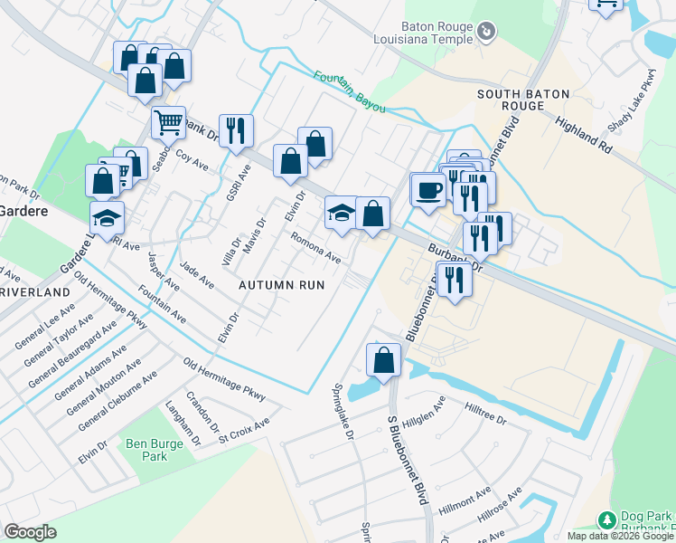 map of restaurants, bars, coffee shops, grocery stores, and more near 9135A Ridge Oak Drive in Baton Rouge