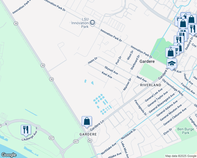map of restaurants, bars, coffee shops, grocery stores, and more near 8033 Starwood Court in Baton Rouge