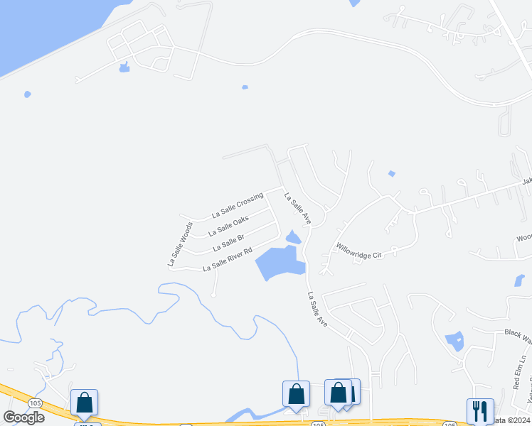 map of restaurants, bars, coffee shops, grocery stores, and more near 2682 La Salle Lake Road in Conroe