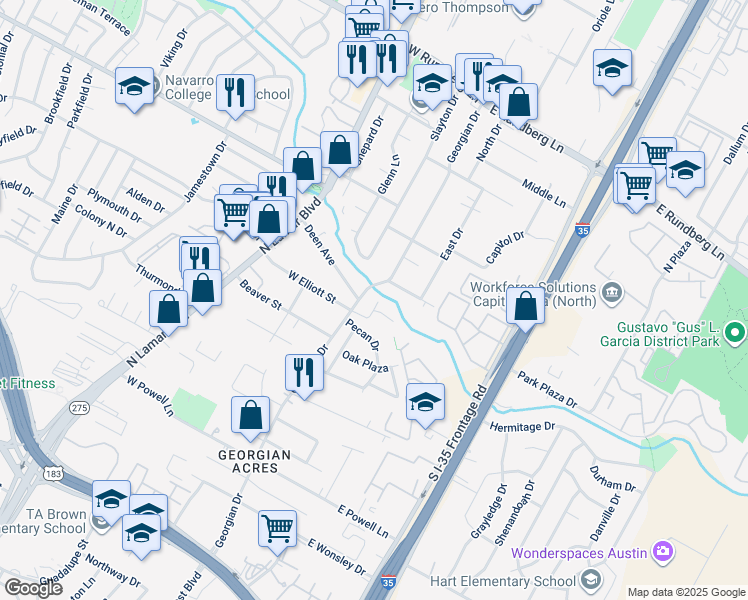 map of restaurants, bars, coffee shops, grocery stores, and more near 8808 Georgian Drive in Austin