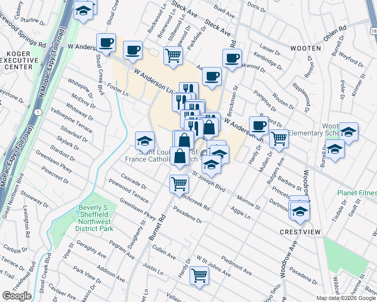 map of restaurants, bars, coffee shops, grocery stores, and more near 7600 Burnet Road in Austin