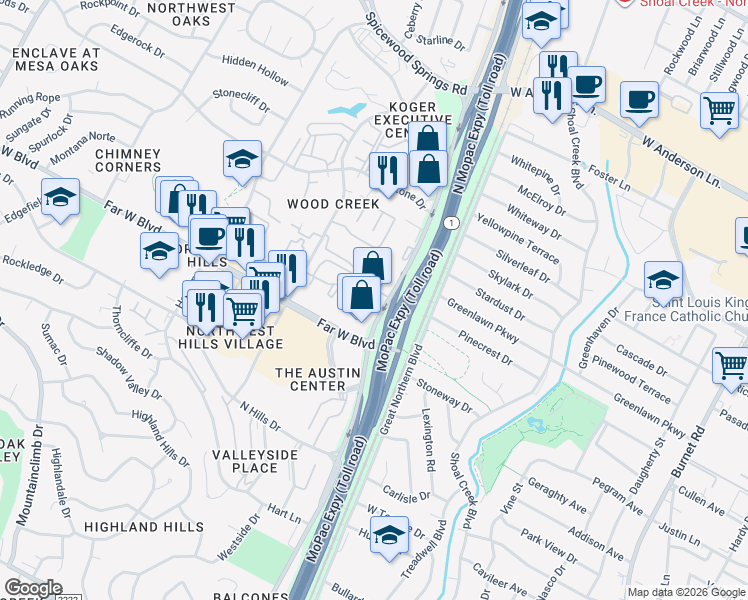 map of restaurants, bars, coffee shops, grocery stores, and more near 7000 North Mo-Pac Expressway in Austin