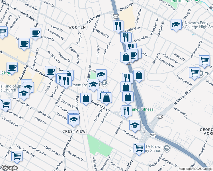 map of restaurants, bars, coffee shops, grocery stores, and more near 1406 Dale Drive in Austin