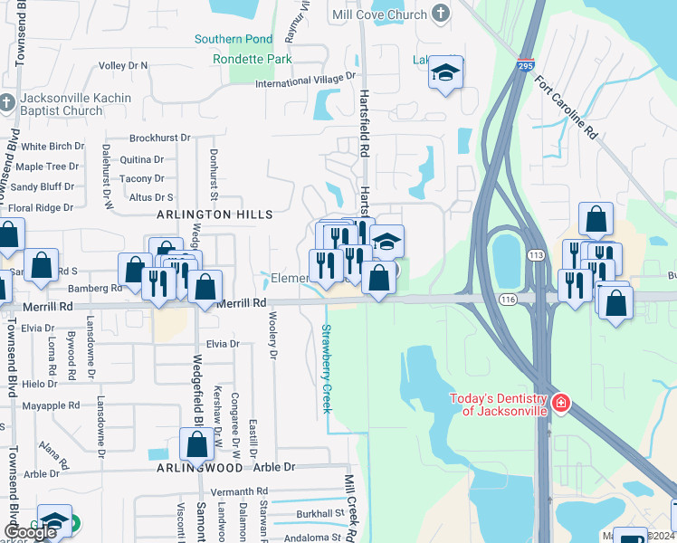 map of restaurants, bars, coffee shops, grocery stores, and more near 8011 Merrill Road in Jacksonville