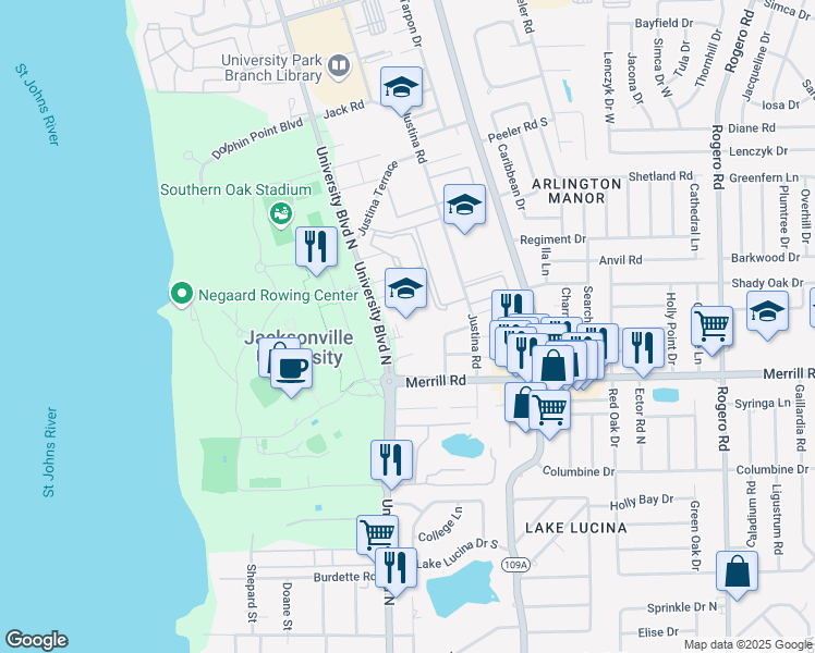 map of restaurants, bars, coffee shops, grocery stores, and more near 2933 University Boulevard North in Jacksonville