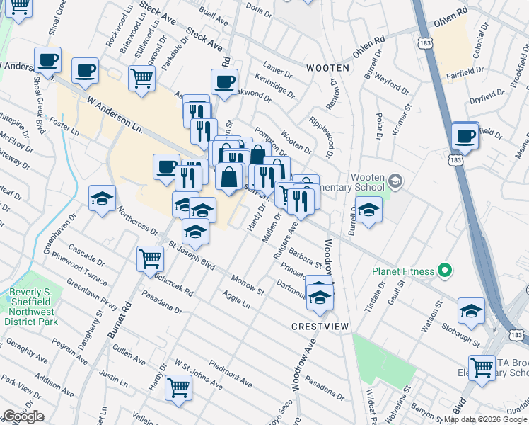 map of restaurants, bars, coffee shops, grocery stores, and more near 1901 West Anderson Lane in Austin