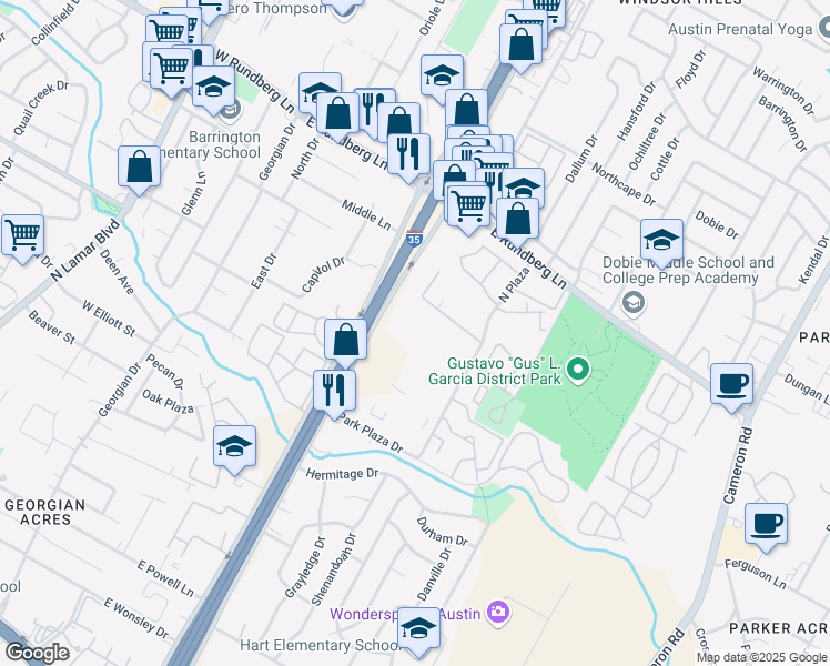 map of restaurants, bars, coffee shops, grocery stores, and more near 13609 Interstate 35 in Austin