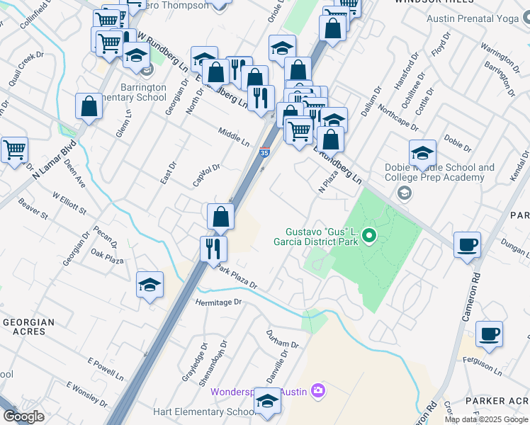 map of restaurants, bars, coffee shops, grocery stores, and more near 12625 Interstate 35 in Austin