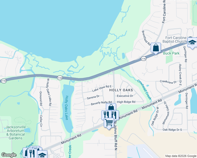 map of restaurants, bars, coffee shops, grocery stores, and more near 10606 Fort Caroline Road in Jacksonville