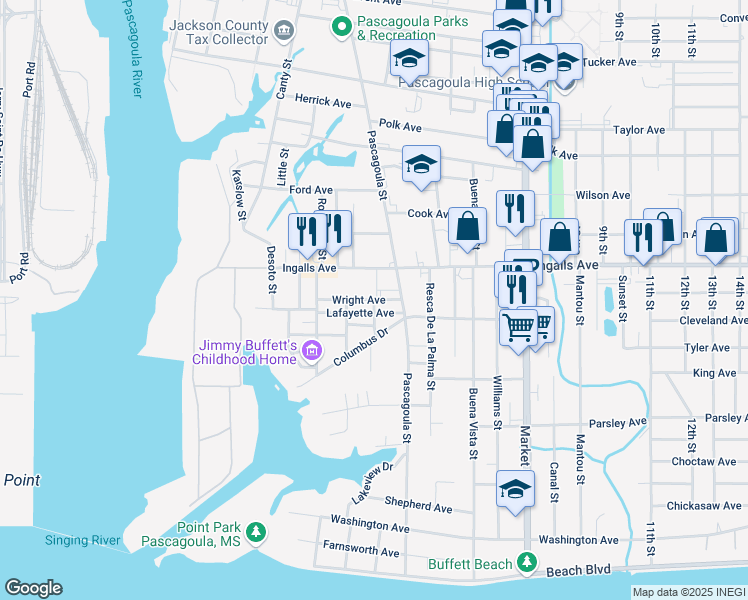 map of restaurants, bars, coffee shops, grocery stores, and more near 999 Wright Ave in Pascagoula