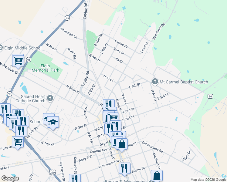 map of restaurants, bars, coffee shops, grocery stores, and more near 300 Lexington Road in Elgin
