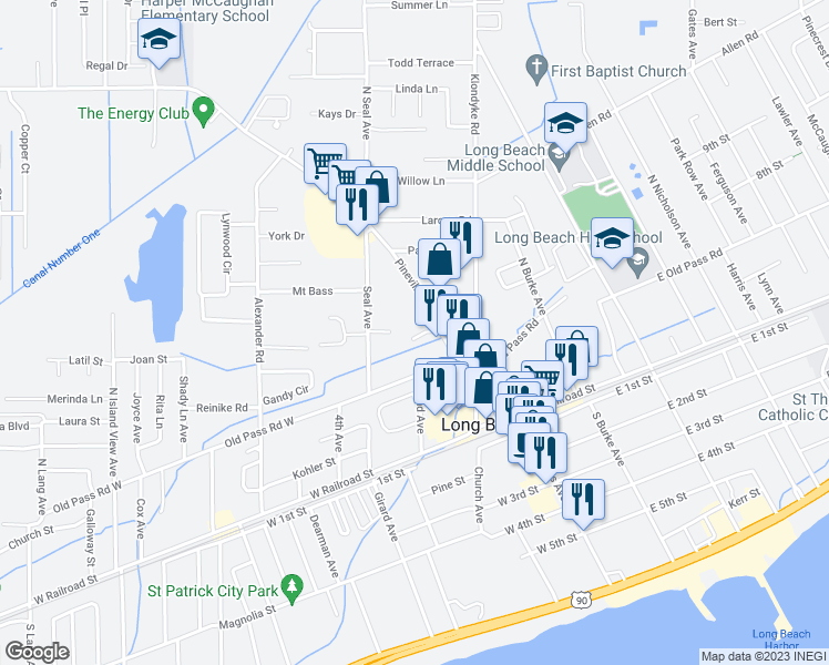 map of restaurants, bars, coffee shops, grocery stores, and more near 19025 Pineville Road in Long Beach