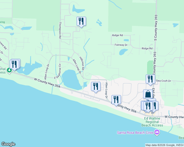 map of restaurants, bars, coffee shops, grocery stores, and more near 132 Masters Court in Santa Rosa Beach