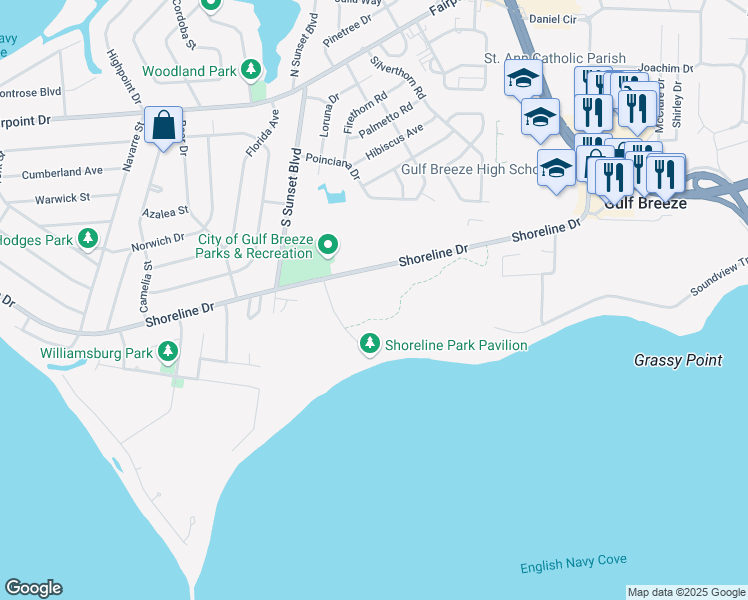map of restaurants, bars, coffee shops, grocery stores, and more near 800 Shoreline Drive in Gulf Breeze