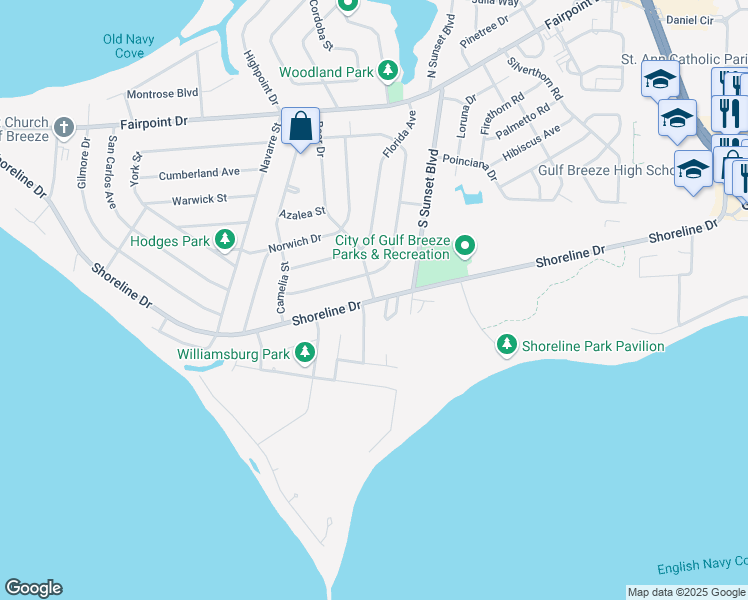 map of restaurants, bars, coffee shops, grocery stores, and more near 500 Shoreline Drive in Gulf Breeze
